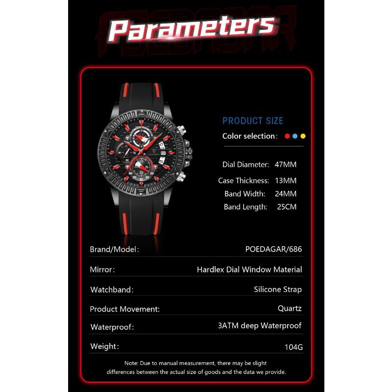 POEDAGAR Sports Men Watches Waterproof Luminous Chronograph Date Military Watch Silicone Strap Quartz Wristwatch Reloj