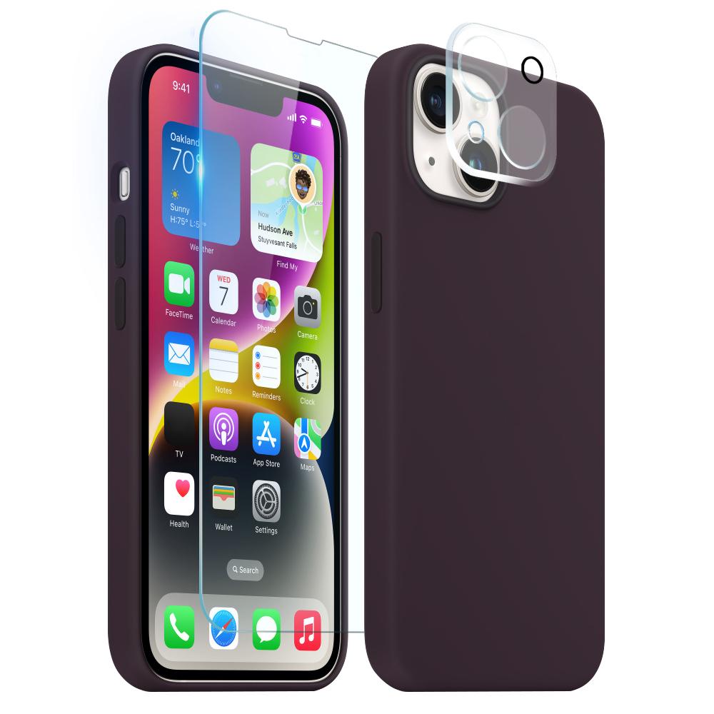 

NORTHJO For iPhone 14 Magnetic Silicone Phone Case Compatible with Magsafe with Tempered Glass Film+Camera Lens Protector Dark Purple