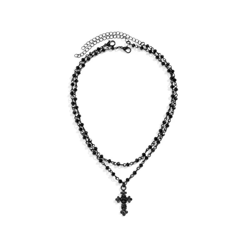 2Pcs/Set Gothic Black Cross Jesus Pendant Choker Necklace for Women Punk Vintage Metal Beads Chain Neck Jewelry Accessories New