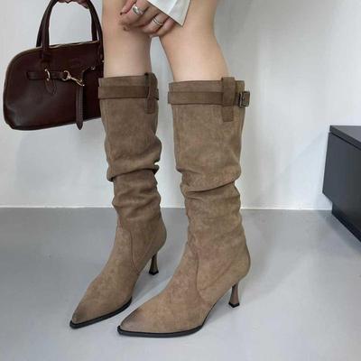Bottines Stiletto à Talons Hauts et Bout Pointu en Daim Élégant avec Boucle - Mode Femme Européenne et Américaine Bottines Longues à la Cheville
