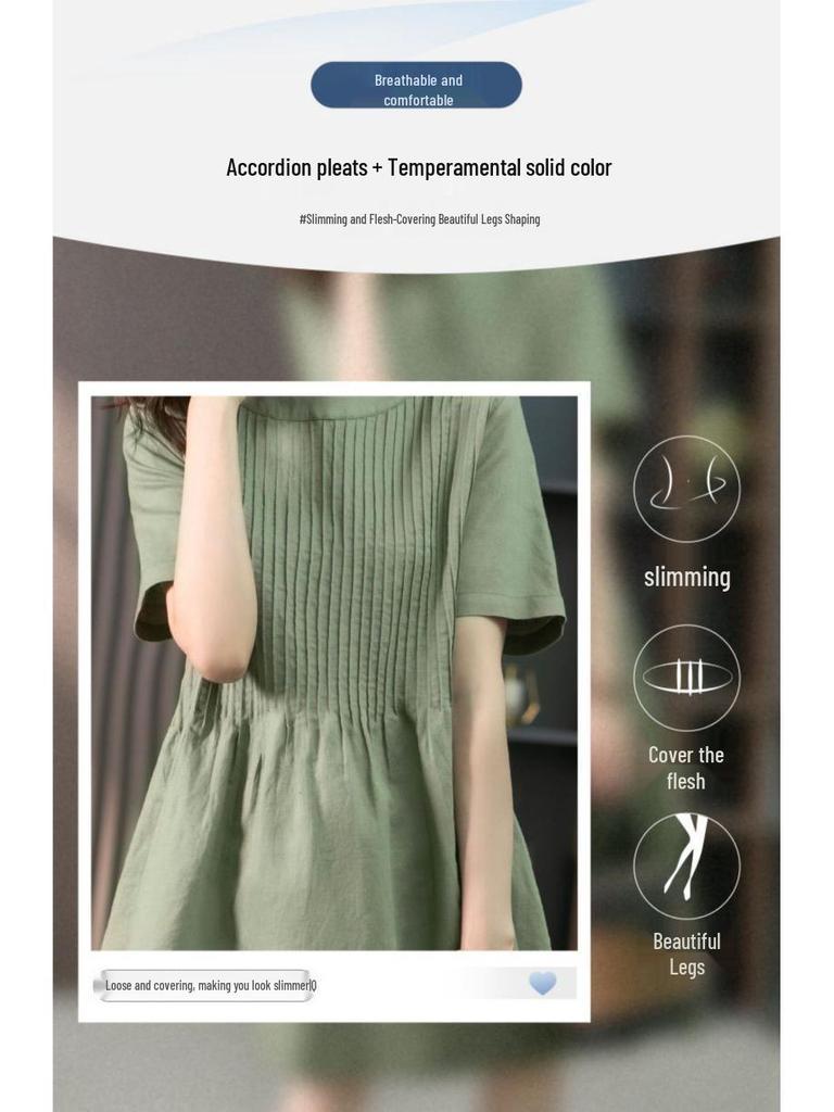 Lockeres Baumwoll-Leinen-Midikleid im koreanischen Stil mit Akkordeonfalten, Sommer 2023 - Figurschmeichelndes Kurzarmdesign für Frauen