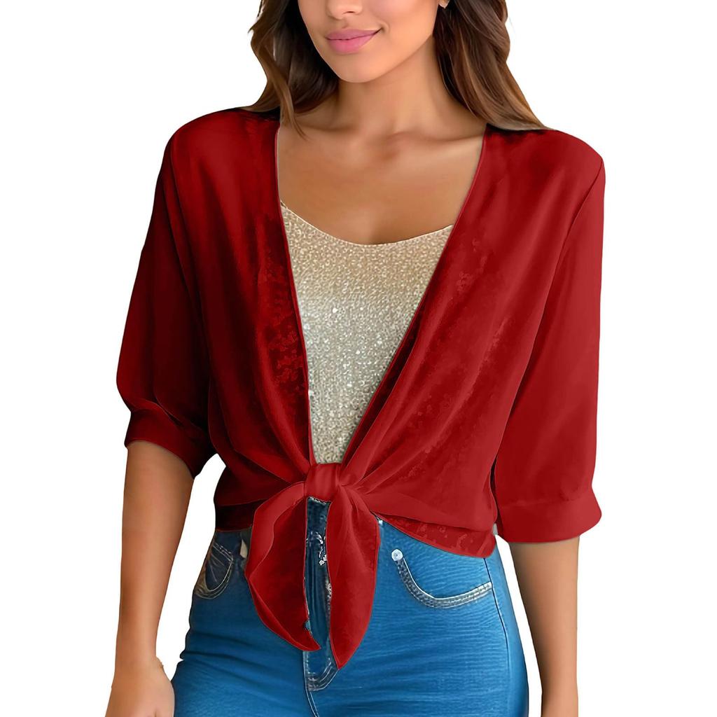 Damen 3/4 Ärmel Weiches Strandhemd Chiffon Transparentes Oberteil Vorne zum Binden Leichte Bluse Lässiger Lockerer Schnitt Sommer Cover Up