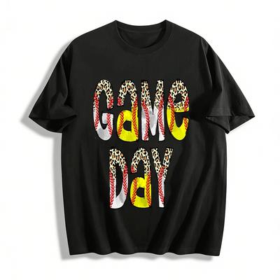 Leopard Print Baseball Game Day Graphic Casual T-Shirt Pure Cotton T-shirt