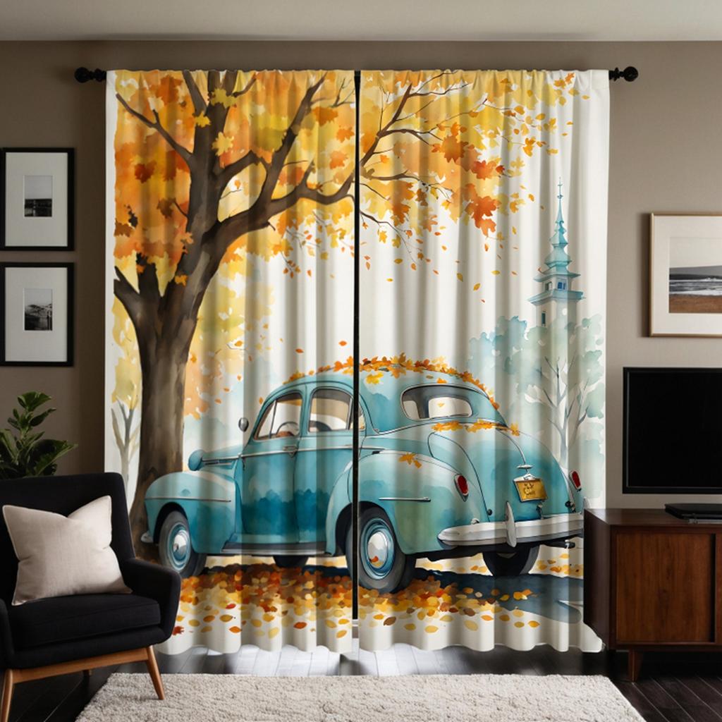 2 Pieces of HD Autumn Leaves Under the Blue Classic Car Curtain Yellow Digital Printed Curtain Home Decoration Style Decoration