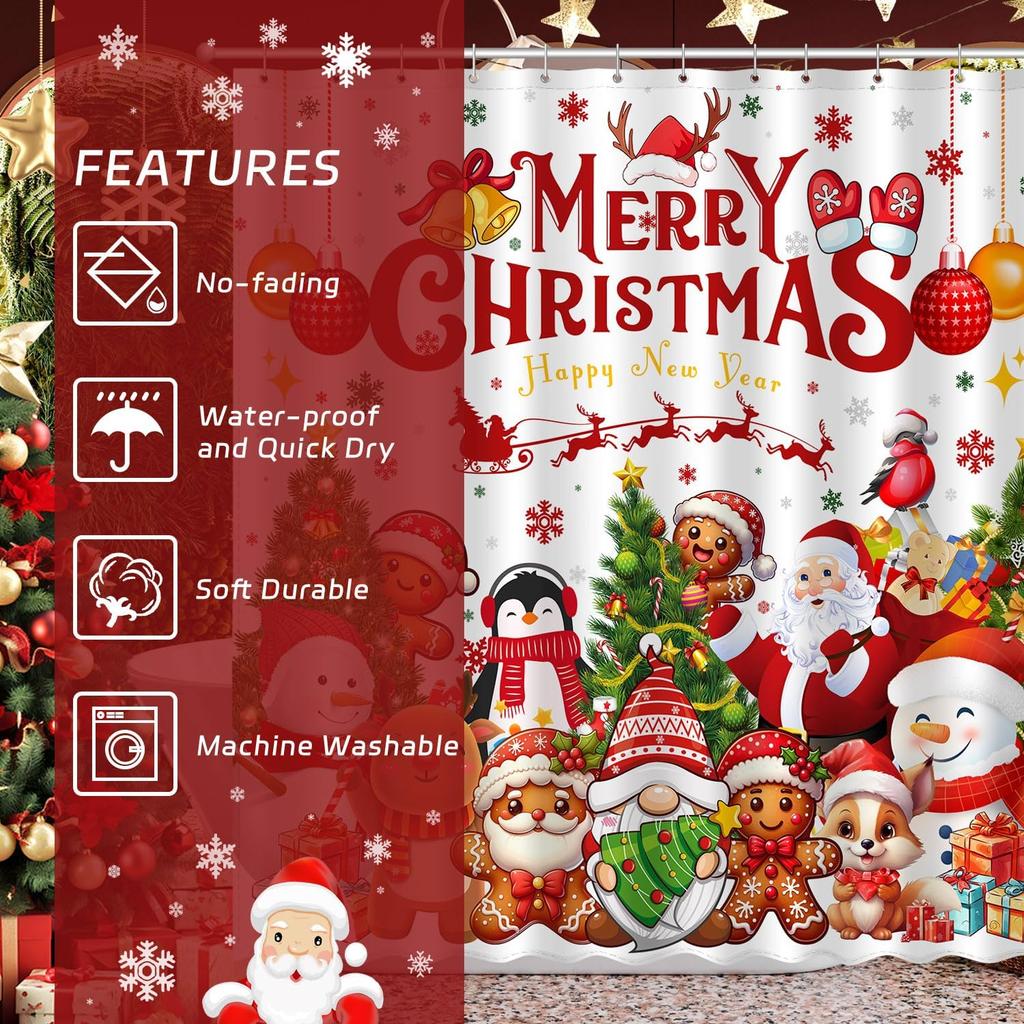 Frohe Weihnachten Duschvorhang, Frohes Neues Jahr Winter Weihnachtsmann Schneemann Weihnachtsbaum Zuhause Feiertag Badezimmer Dekoration, Polyesterstoff