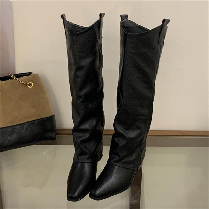 Eilyken Design Splicing Pleated Knee High Boots Women Autumn Winter Pointed Toe Square Low Heels Long Shoes Botas De Mujer