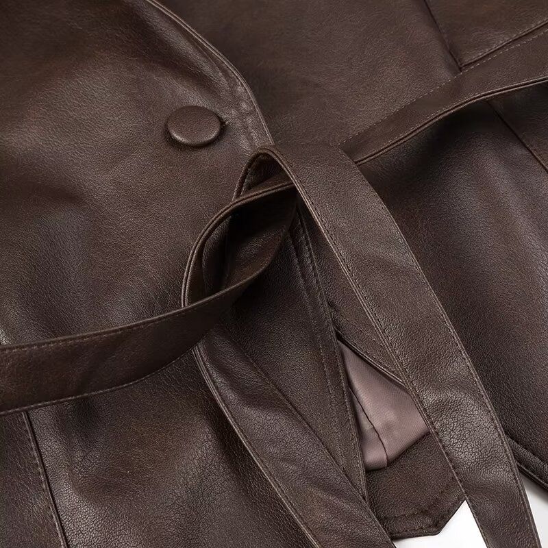 Kaslead New Arrival Women's Clothing Fashion Style Fashion Casual Easiest for Match Coffee Brown Leather Coat
