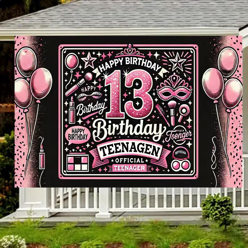 2D Glitter Pink Cosmetic Theme 13 Teenager Birthday Photography Backdrop Banner
