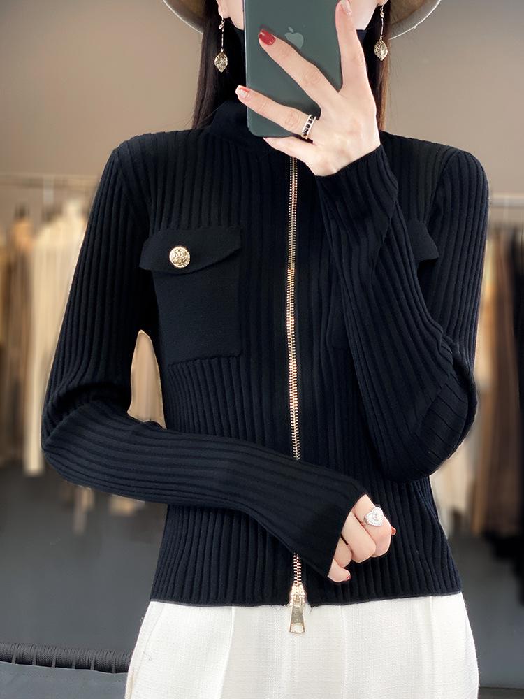 Women's Slim-Fit Stand Collar 100% Pure Wool Sweater - Autumn/Winter Knit Cardigan, Skin-Friendly Base Layer Outerwear