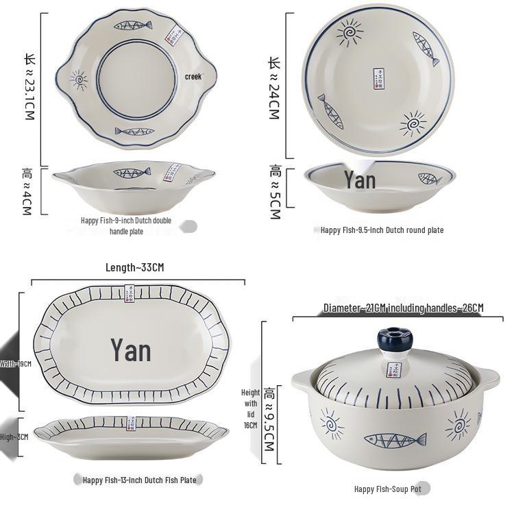 Japanese Ceramic Dinnerware Set: Includes Round & Square Plates, Fish & Steaming Plates, Side Dish Plates, and Bowls.