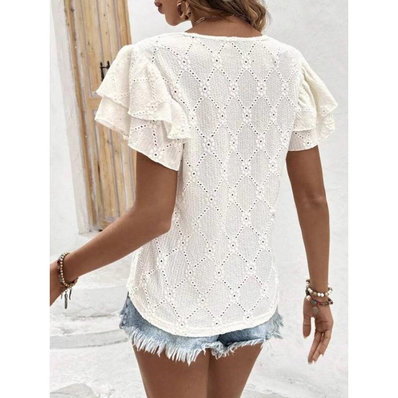 Summer Double-layer Ruffled Women Lace Blouse Casual Solid Color V-neck Shirts Sort Sleeve Loose Hollow Out Top Casual Sweet Fashion Elegant Clothing