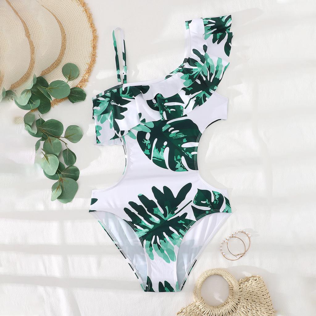 One Piece Swimsuit for Women Cut Out Design Ruffle Detail Asymmetric Strap Leaf Print Beachwear Swimwear