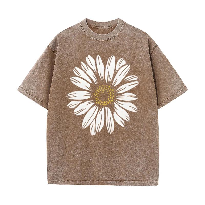 Daisy Flower Print Vintage Washed BlackT Shirt Casual Minimalist Streetwear Tee