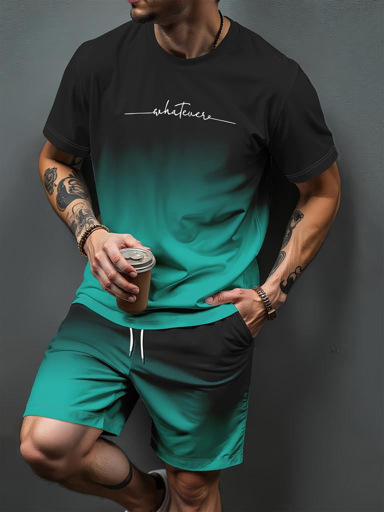 Gradient Letter Pattern 3D Print Tracksuits Men Casual Short Sleeve T-Shirt Shorts Sets 2pcs Sportswear Suits Man Clothing