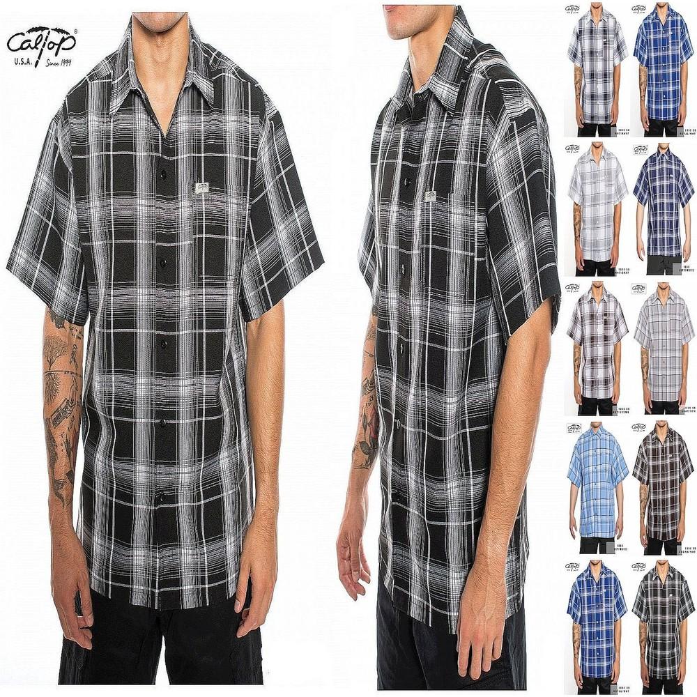 

Mens Caltop Short Sleeve Plaid Checker Button Up Polyester Shirt Western Unisex T-Shirt XL