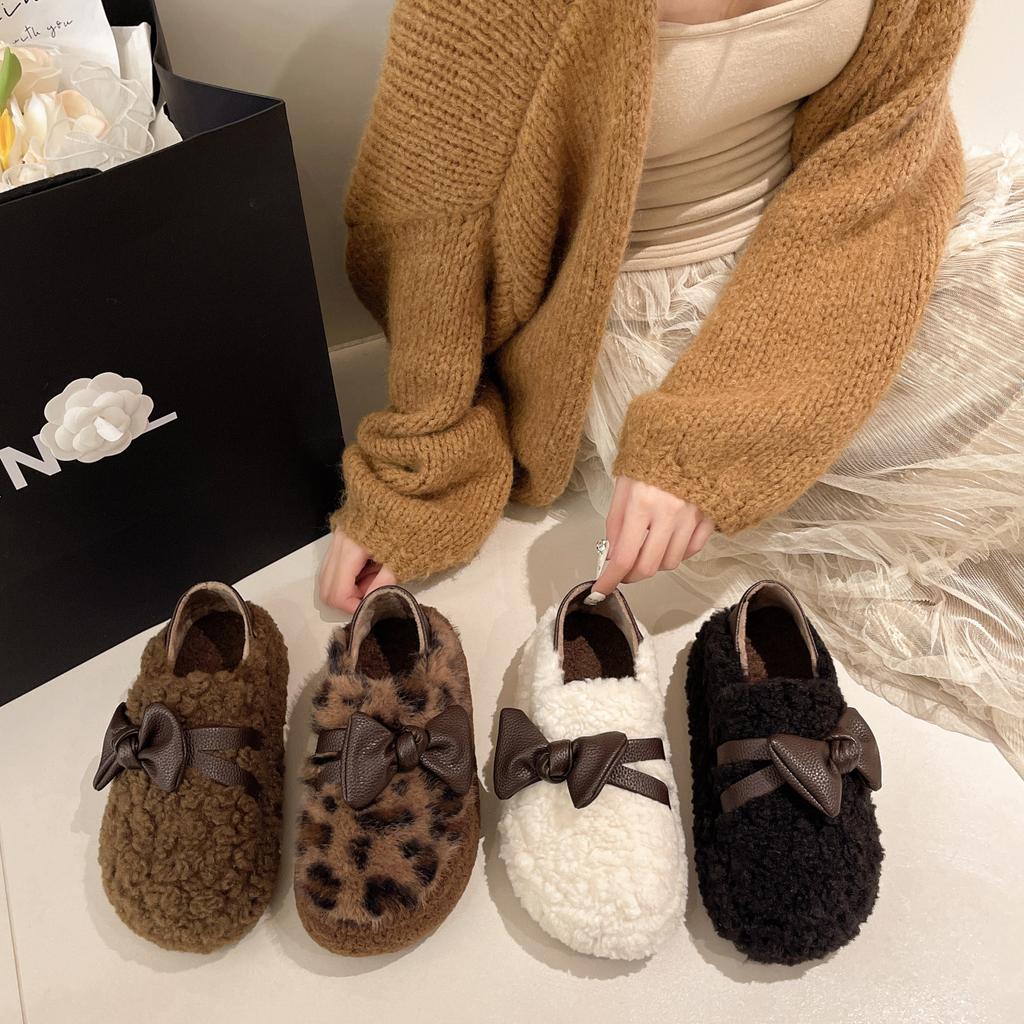Bow outer wear fluffy cotton shoes women's shoes new autumn and winter fashion flat bottom velvet two wear snow boots