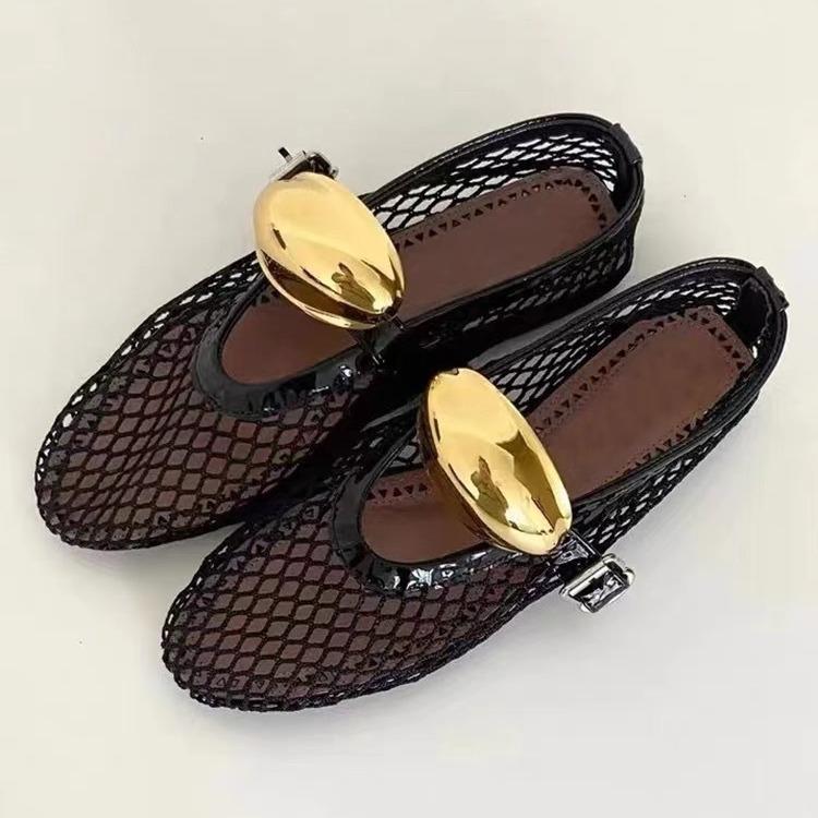 Sheepskin Version~ Round Head Design Fish Grid Hollow Ballet Shoes Women's Summer Blue Fashion Flat-bottomed Belt Buckle Single Shoes
