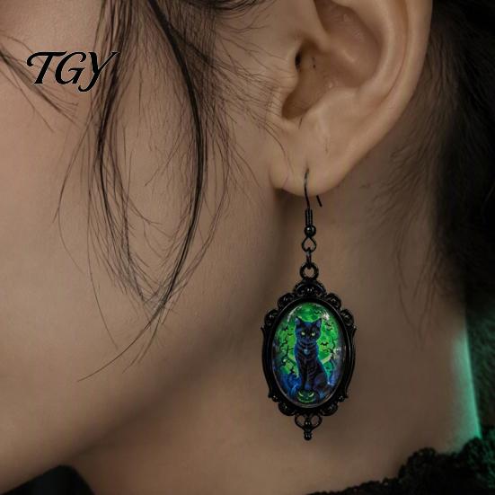 Niche Design Transparent Time Gem Jewelry 1 Pair Halloween Gothic Black Cat Earrings for Women, Vintage Durable Zinc Alloy Retro Dark Punk Style