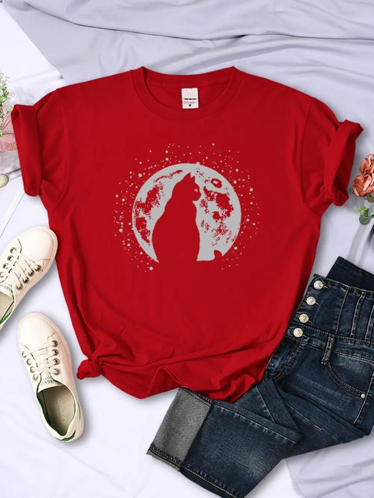 Casual Womens TShirts Moon And Cat Silhouettes Prints Short Sleeve Soft ONeck Comfortable Tops Summer Cartoons FeUnisex Clothes