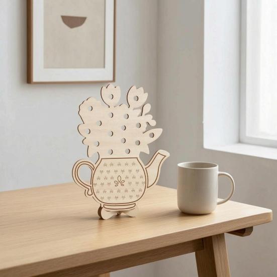 Home Soft Furnishing Wooden Teapot Shape Flower Holder, Natural Wood Floral Display Stand, DIY Hand Painted Art Blank Vase Decor for Artificial