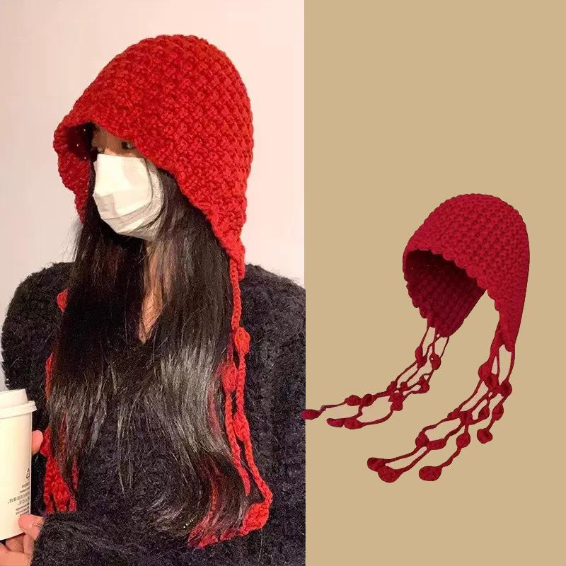 Autumn And Winter Warm Wool Hat Hand-Woven Hollow Bag Hat Women'S Ethnic Style Fringed Ear Protector Knitted Hat