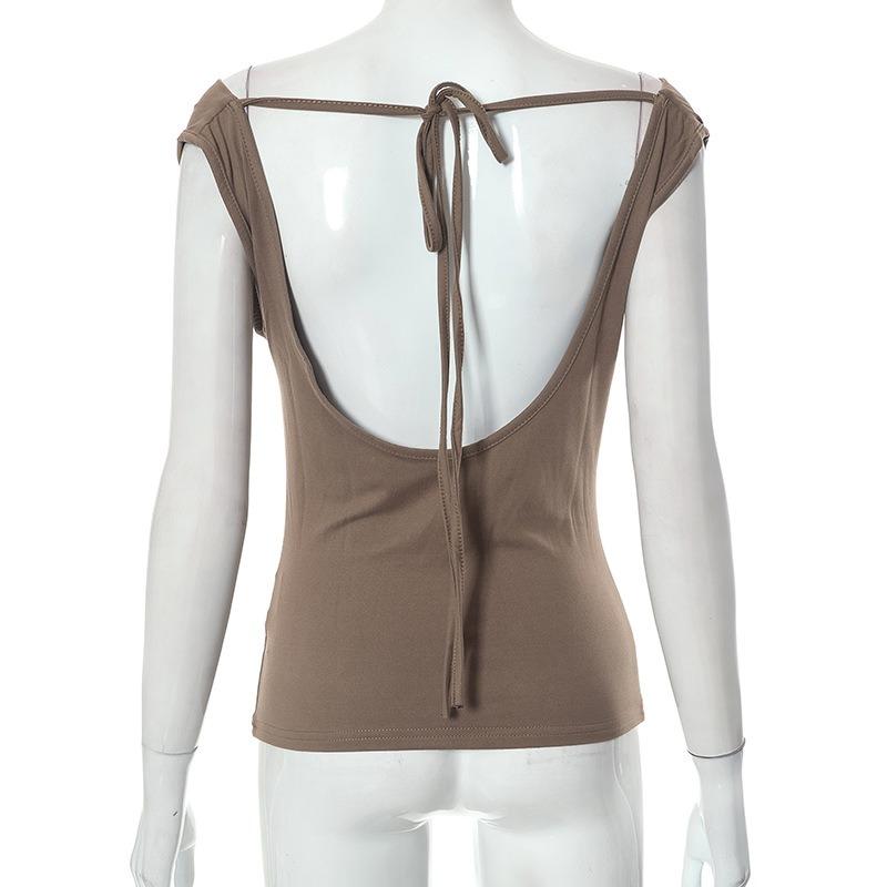 Summer Swing Neck Sleeveless Sexy Backless Vest T-shirt New Fashion Elegant Slim Fit Solid Color Top Female Casual Simple Blouse Women's Clothing