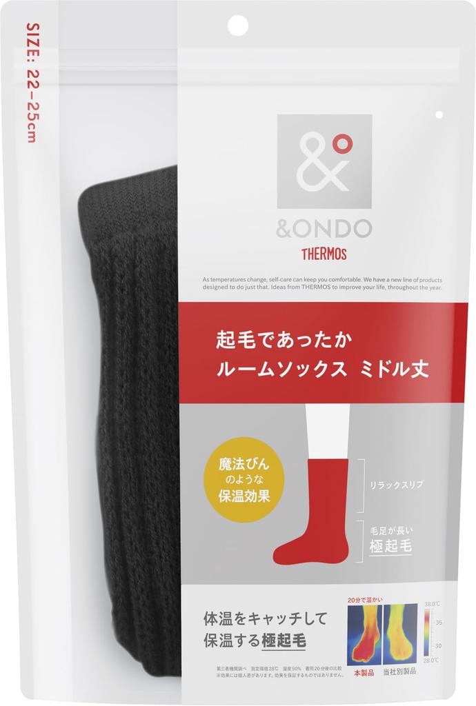 Thermos Warm Fleece Room Sizes Cold Winter Warm Socks &ONDO Socks, Mid-Length, 22-25cm, Black, Thermos-Like Warmth, Protection, Warmth,