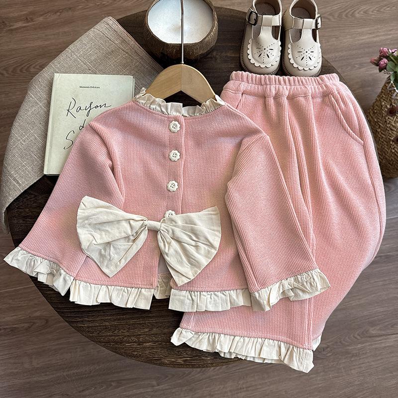 Girls Spring Autumn Solid Lace Trim Bow Two Piece Set Cute Casual Outfit 90 розовый