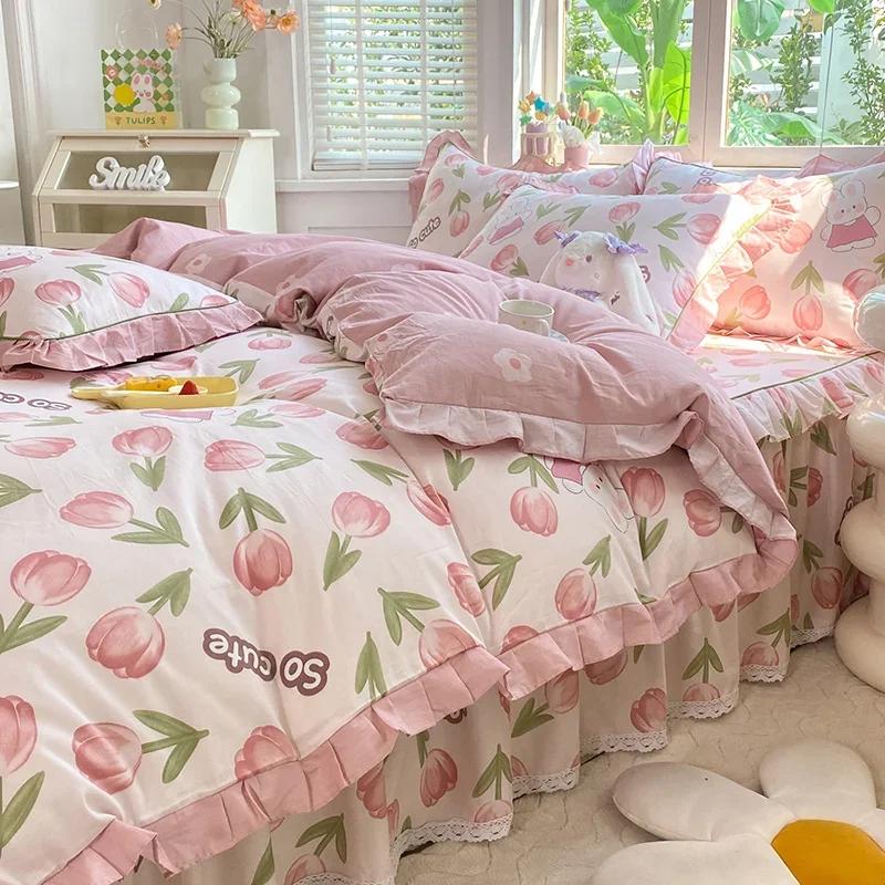 Pink Floral Duvet Cover Set 100% Cotton Korean Style Ruffled Quilt Cover with 2 Pillowcases Skin-friendly Queen Size Bedding Set