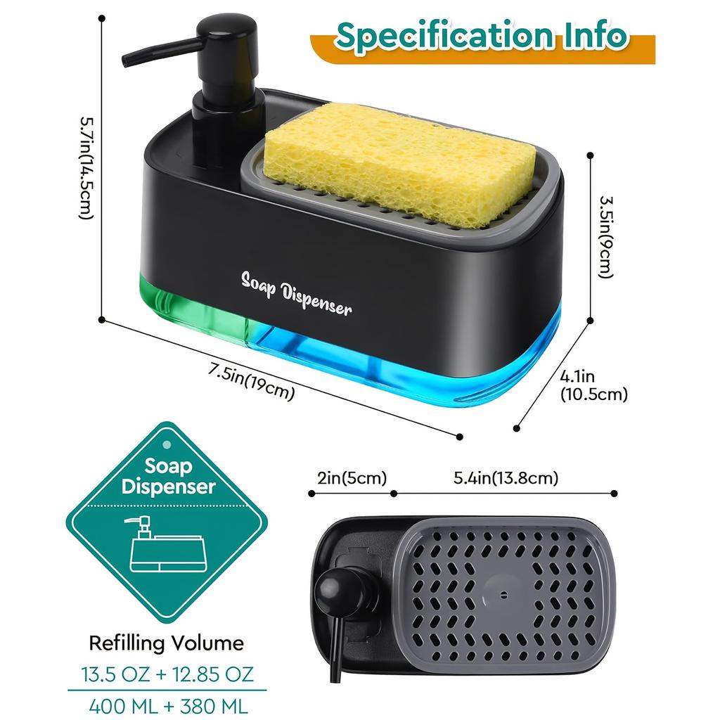 Multifunctional Kitchen & Bathroom Soap Dispenser with Sponge Holder-Space Saving Countertop Organizer, No Electricity Required