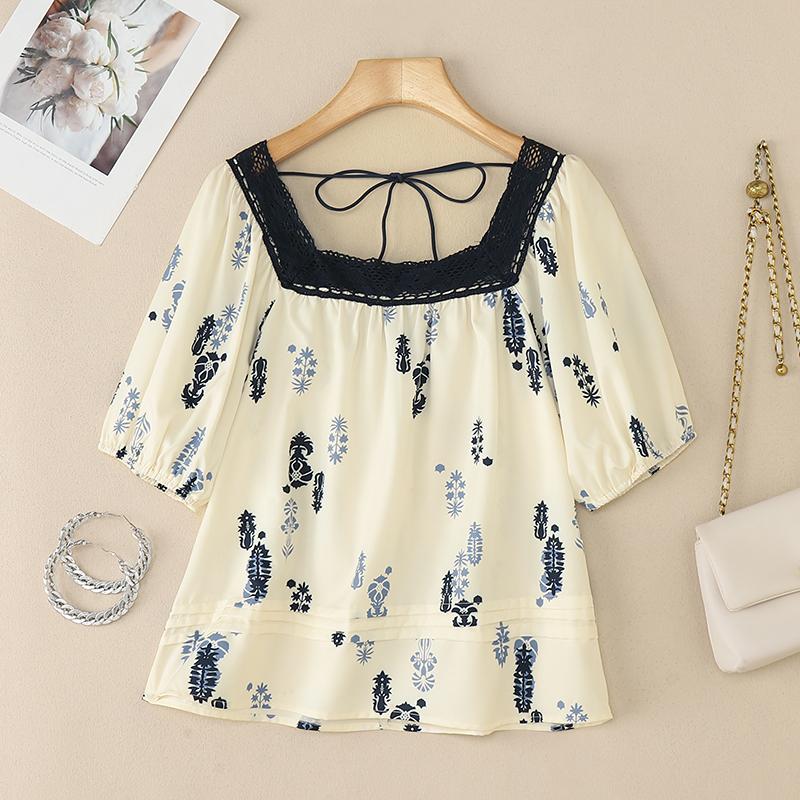 ZANZEA Women Summer Lace Splice Square Collar Short Sleeve Print Blouse