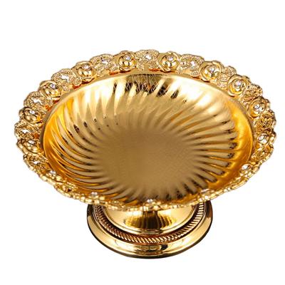 Footed Decorative Fruit Tray Vintage High Gloss Floral Carving Trim Metal Footed Fruit Plate for Snacks Nuts Gold