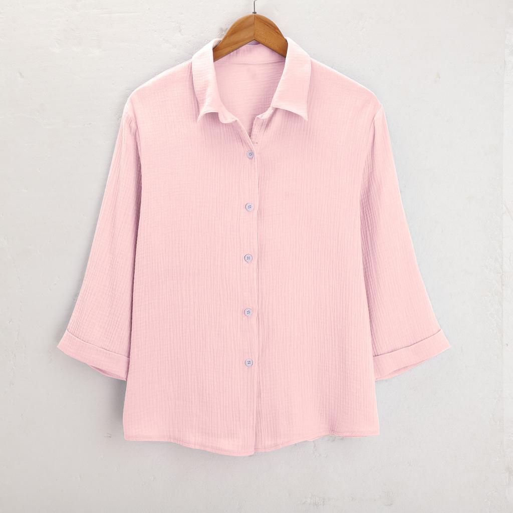 Womens Button Down Shirts 3/4 Sleeve Casual Collared Shirt Loose Blouses Solid Color Tops With Pocket