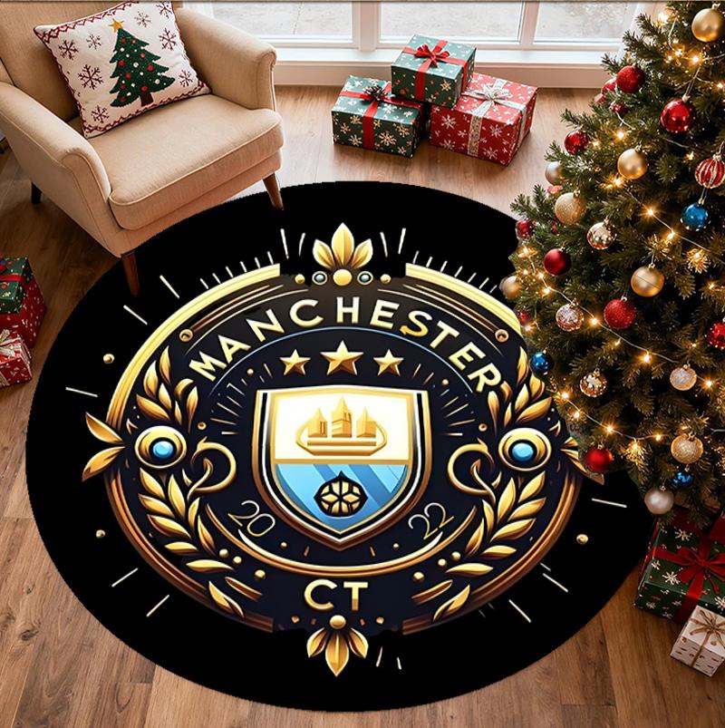 Manchester City FC Pattern Round Rug, Indoor/Outdoor Mat, for Picnic, Gameroom, Bedroom, Office, Living Room, Home Decor Carpet, Birthday Gift