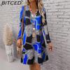 BITCED Spring/Summer Women's Wear Printed Wave-Pattern V-Neck Lace-Panel Short-Sleeved Dress