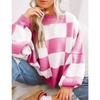 Women's Crew Neck Long Sleeve Knit Top Loose Fit Lazy Casual Sweater Color Block Plaid Pullover Knitwear