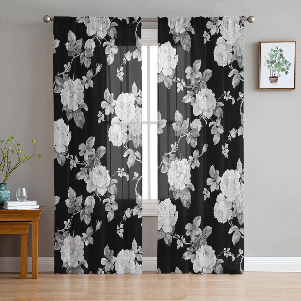Black And White Flowers Sheer Curtains for Bedroom Living Room Decoration Window Curtain for Kitchen Tulle Voile Organza Drapes