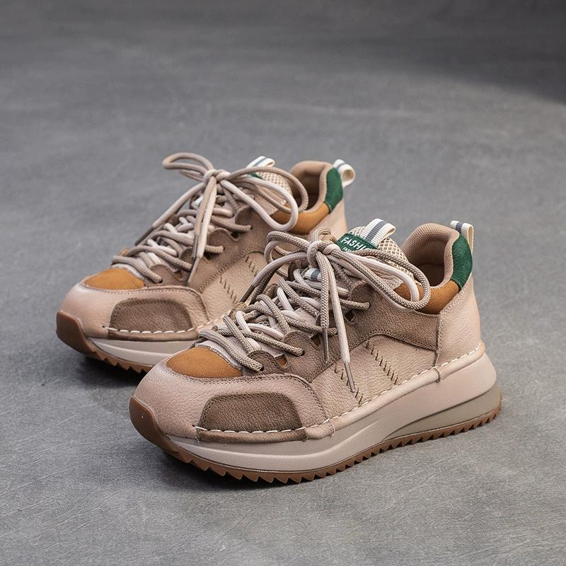 Fashion GKTINOO Sneakers Women Genuine Cow Leather Flats Thick soled Lace-Up Spring Autumn Lady Casual Flat Shoes Handmade Women Shoes