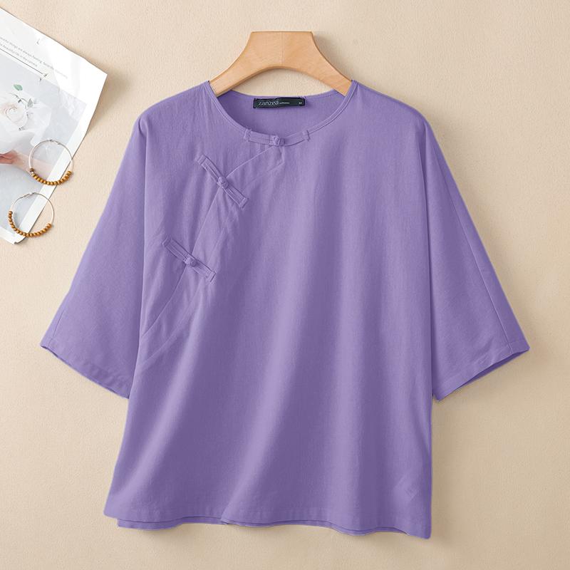 ZANZEA Women Casual Round Neck Solid Color Loose Half Sleeve Blouse