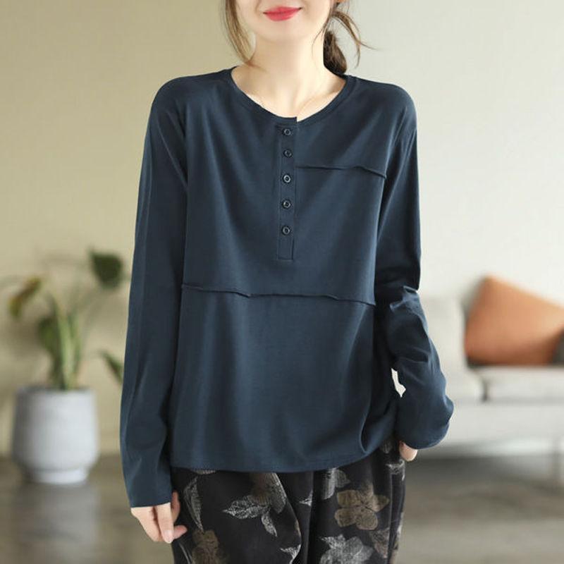 Artistic Retro Spring Autumn Long Sleeved T-shirt for Women Casual Slimming Patchwork Button Down Bottom Shirt Top