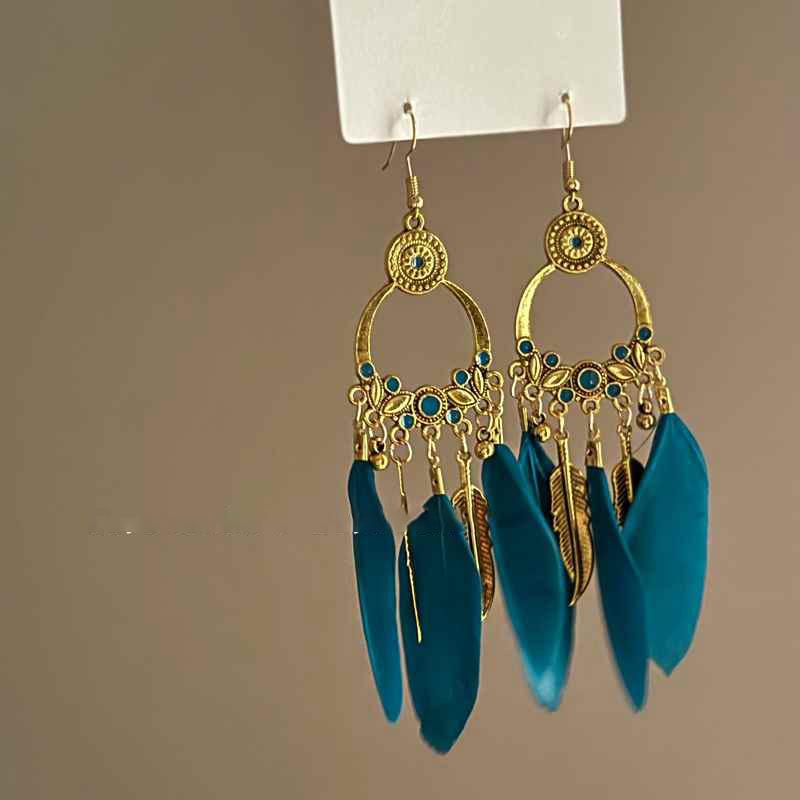 Boho Niebieskie Długie Kolczyki z Frędzlami Damskie Premium Świąteczne Wietrzne Haczyki na Uszy Retro Etniczne Wietrzne Kolczyki