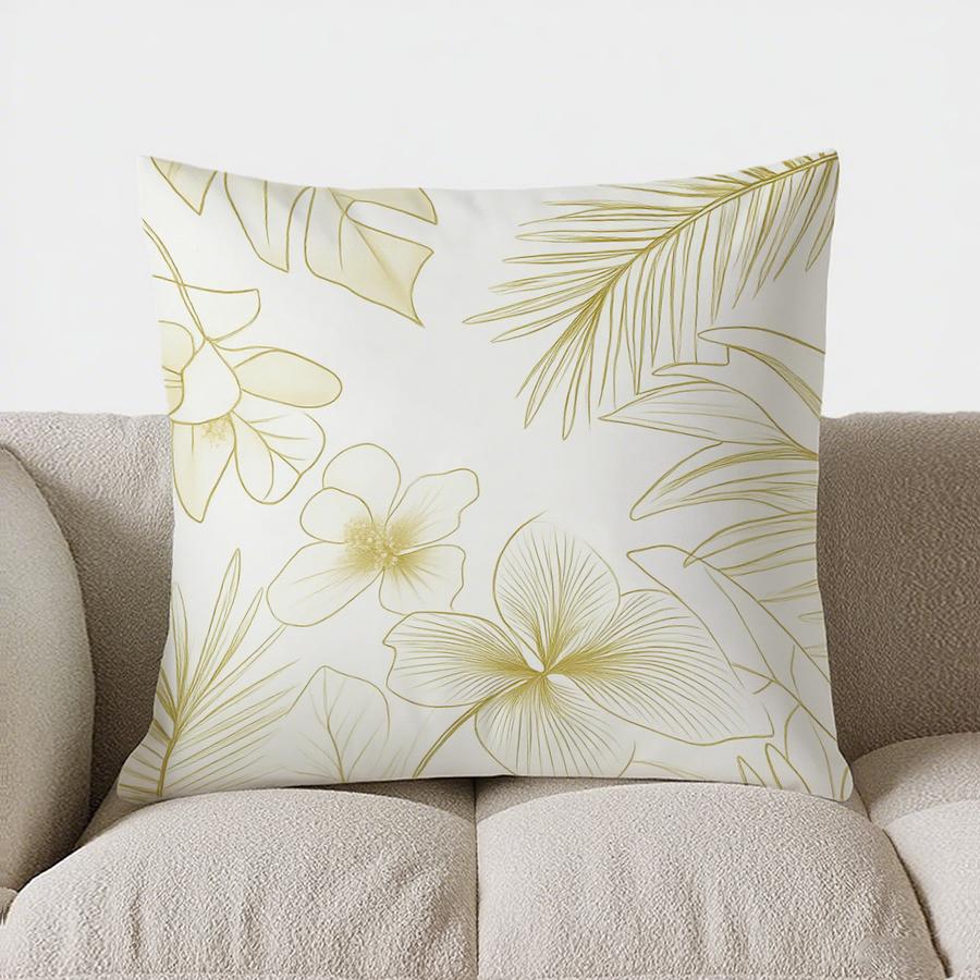 Home Decor Golden Floral & Palm Leaf Print Pillow Cover Pattern Cushion Cover Suitable For Sofa Bedroom Car Pillow Cover