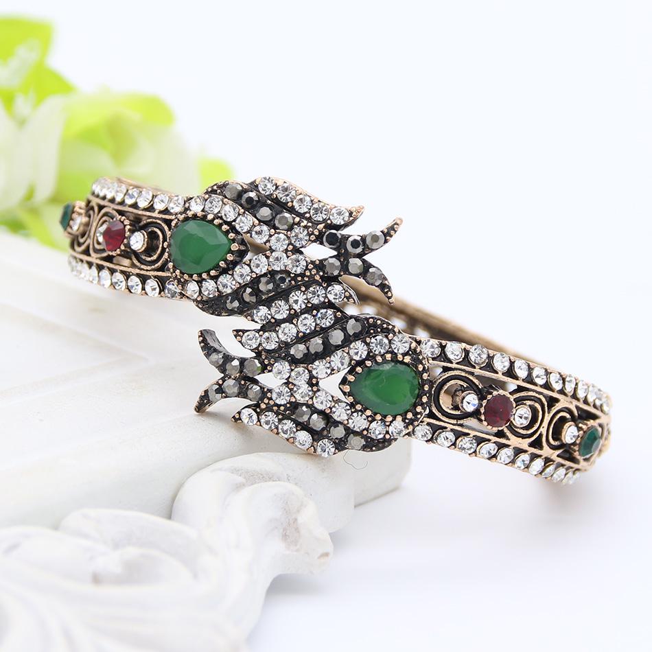 

Роскошный турецкий женский браслет с цветком тюльпанов, браслет-манжета, античное золото, ювелирные изделия из смолы, браслет со стразами, полые арабески, бижутерия зелёный