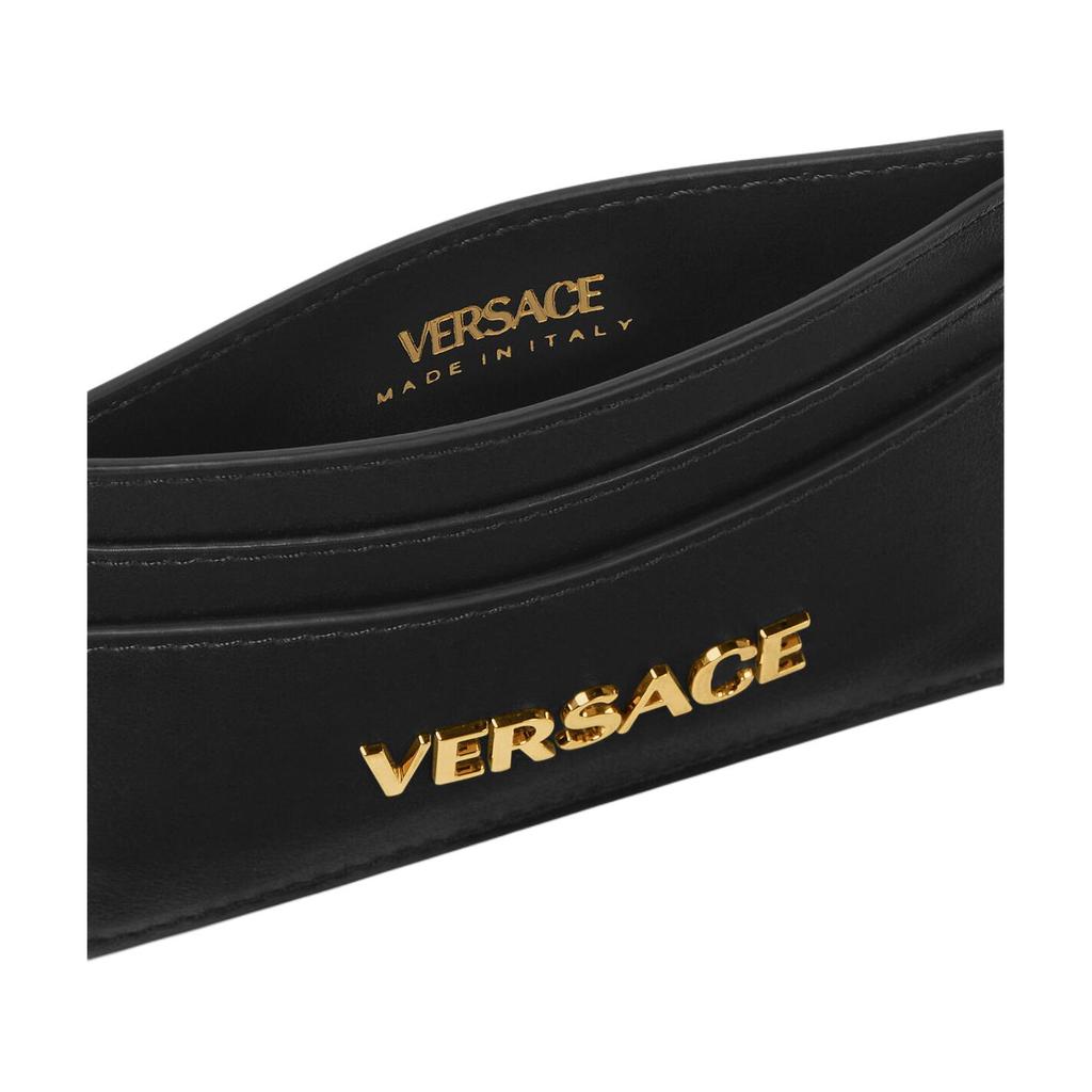 Versace Gold Metal Logo Leather Card Holder Women Accessories Black 1020081-1A13677-1B00V