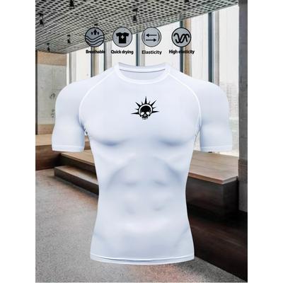 Men's Compression Shirt Quick Dry White Gym T-Shirt Black Sun Skull Print Workout Sportswear