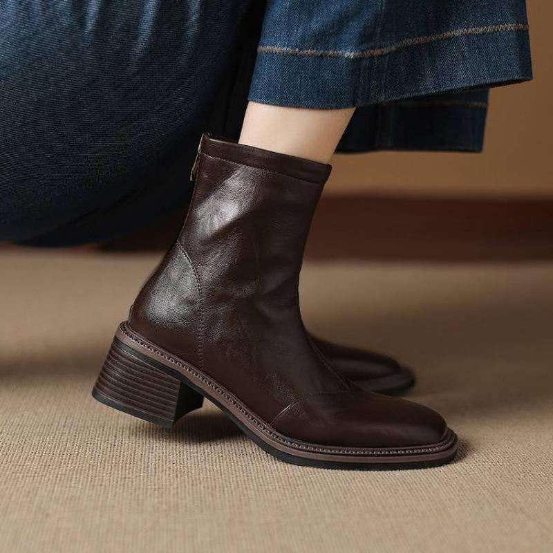 New Women's Leather Plus Size Women's Boots Rubber Sole Middle Heel Comfortable Rear Zipper Middle Tube Boots Autumn and Winter Martin Boots Women's