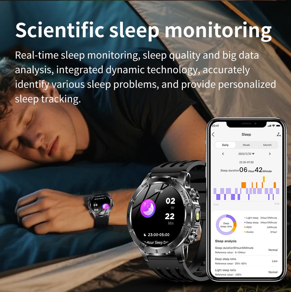 SACOSDING 800mAh Large Capacity Battery Smart Watch Men's Outdoor Compass Flashlight IP68 Sports Fitness Voice Calling Man Smartwatch