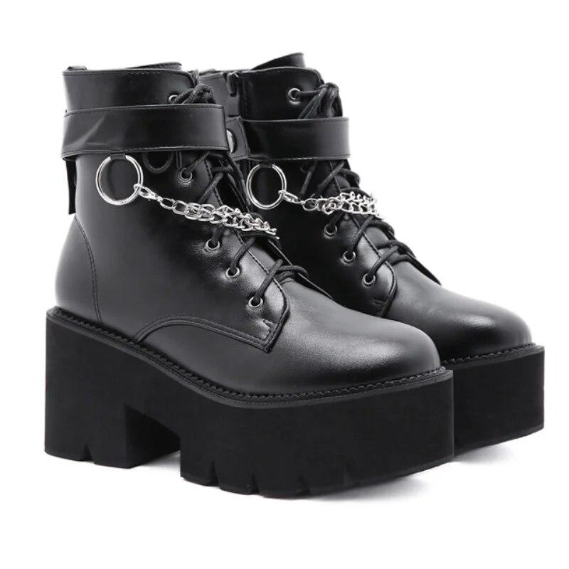 8cm Heels 2024 Large Chain Thick Bottom Waterproof Platform Women's Shoes Thick High Heels Short Women's Boots Lhx