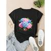 European Size Women's White Floral Print T-Shirt -with Blue Hydrangea-like Flowers for Everyday Outfits - Spring/Summer Blouse