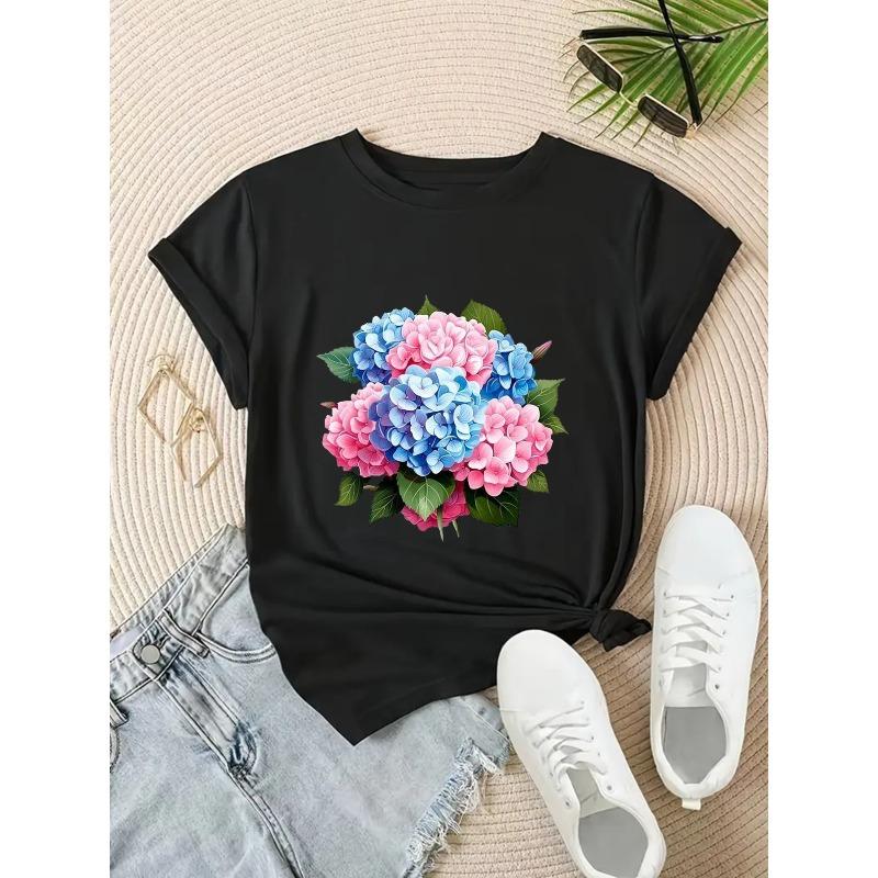 

European Size Women s White Floral Print T-Shirt -with Blue Hydrangea-like Flowers for Everyday Outfits - Spring/Summer Blouse 4XL чорний